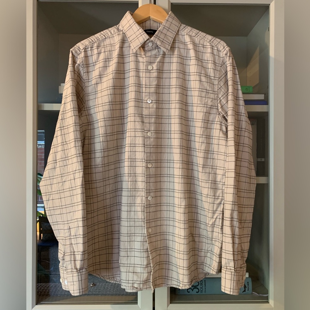 Men’s, Theory L-Sleeve Grid Pattern Shirt, Cream with Navy Stripe, Size L